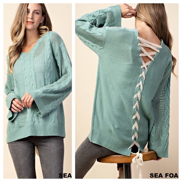 Sweaters - Seafoam Lace-up back sweater S/M M/L